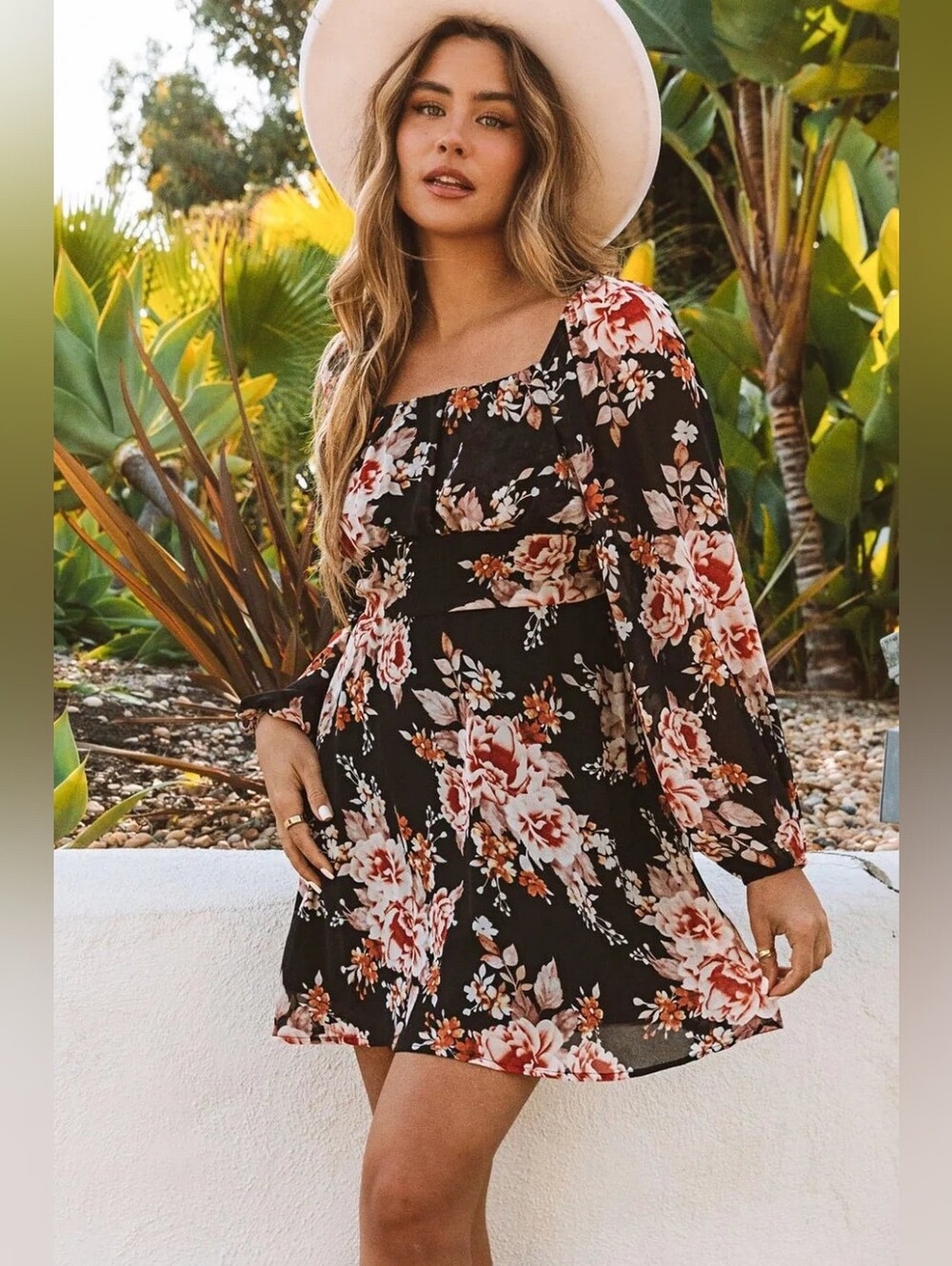 Black Floral Long Sleeve Mini Dress With Tie Back - Picture 5 of 6